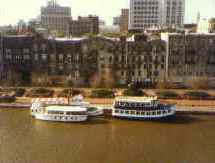 Riverboats and waterfront buildings viewed from the Savannah River