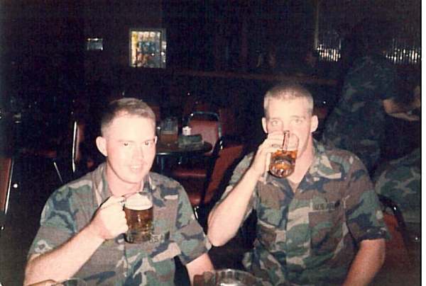 two soldiers having a beer