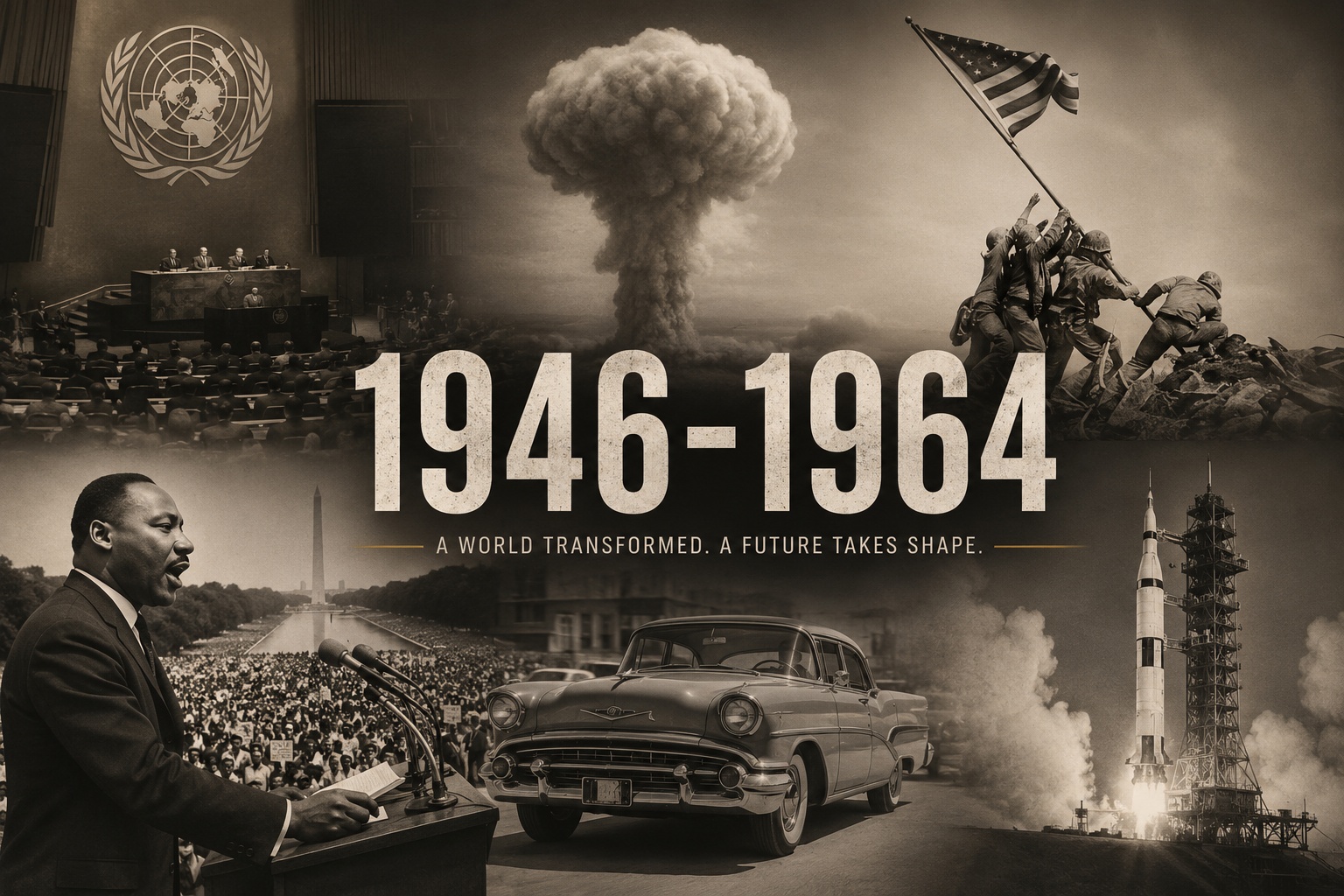 1946 through 1964 Baby Boom era collage with post-war history, space race, civil rights, and American mid-century imagery