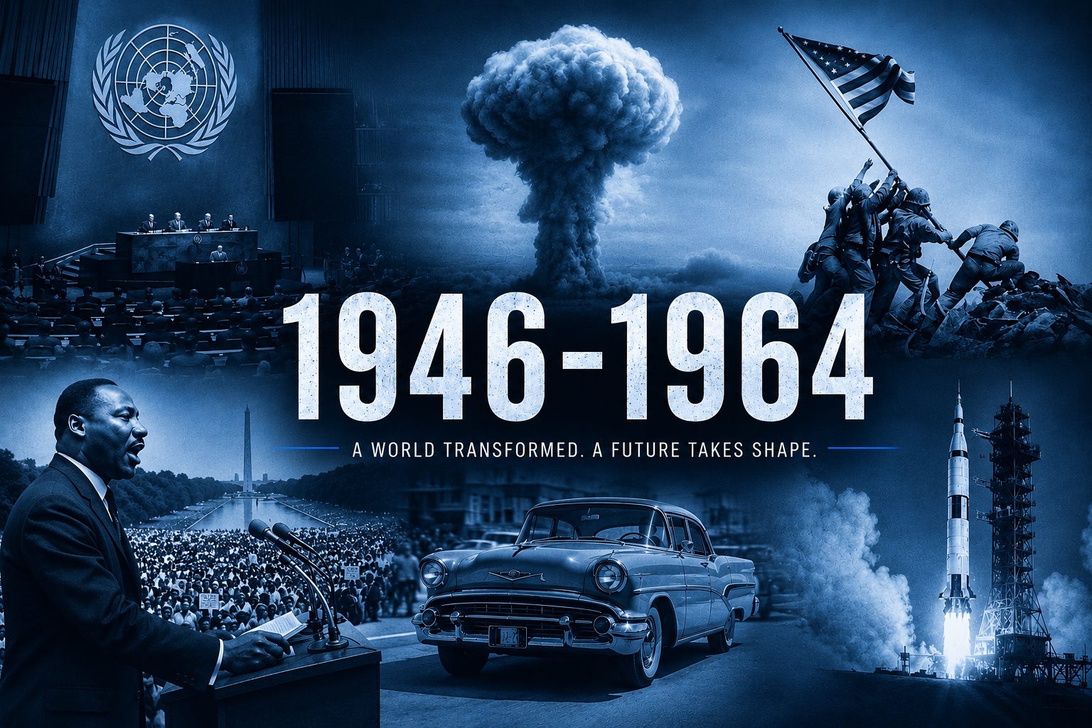 Blue-toned 1946 through 1964 collage representing the Baby Boom years