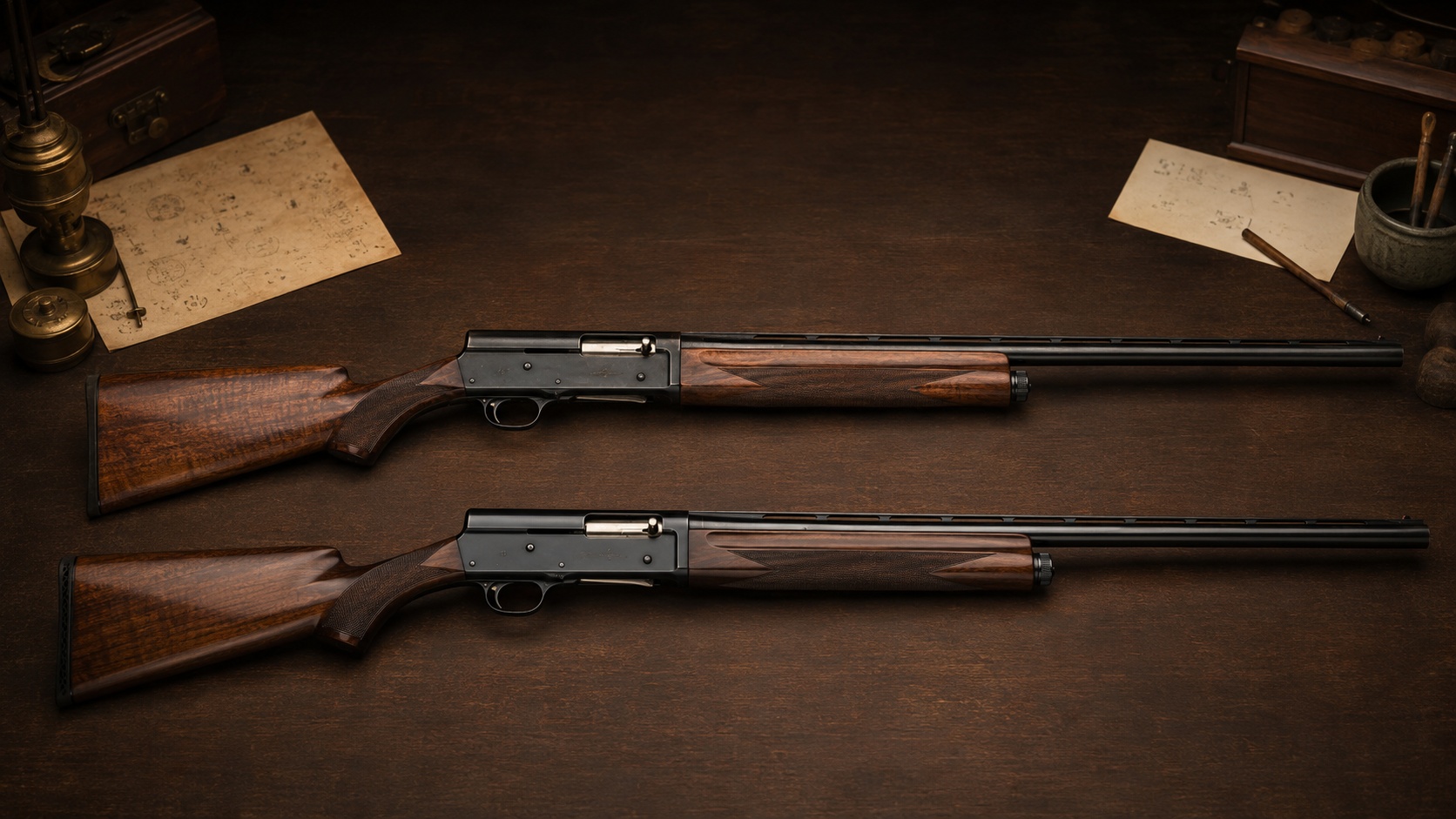 Two Browning Auto-5 shotguns arranged for Belgian and Japanese identification comparison
