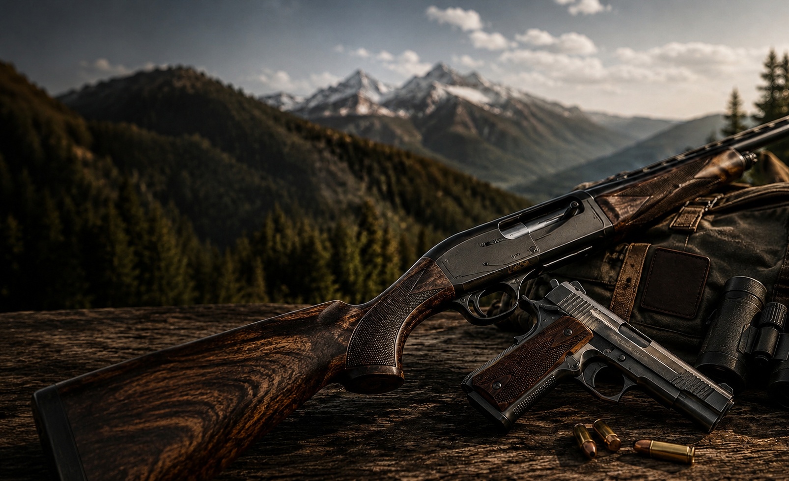 Browning firearms hub hero with shotgun and pistol in mountain setting