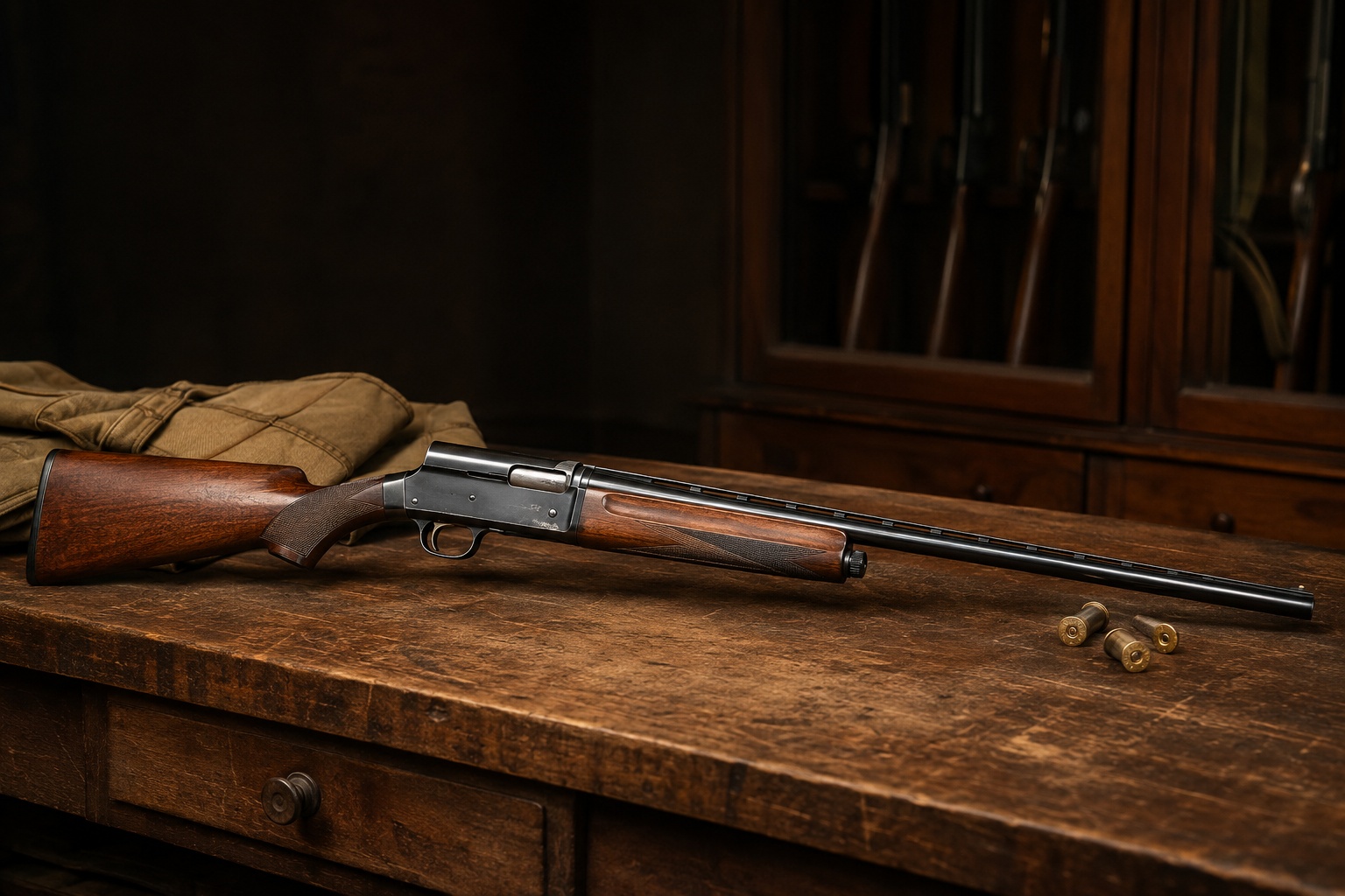 Browning Light Twelve Auto-5 shotgun displayed on a collector's wooden workbench