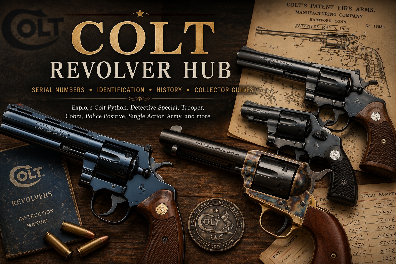 Colt Revolver Hub hero image with Python, Trooper, Detective Special, and Single Action Army revolvers