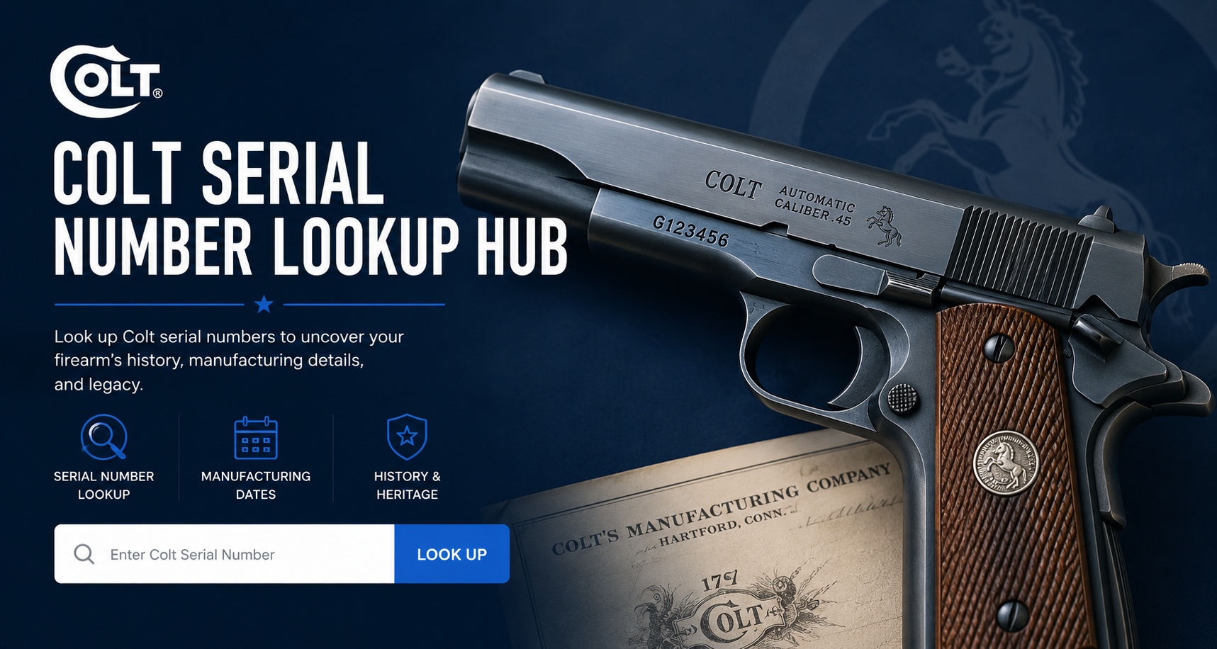 Colt serial number lookup hub hero with Colt pistol and historical factory document