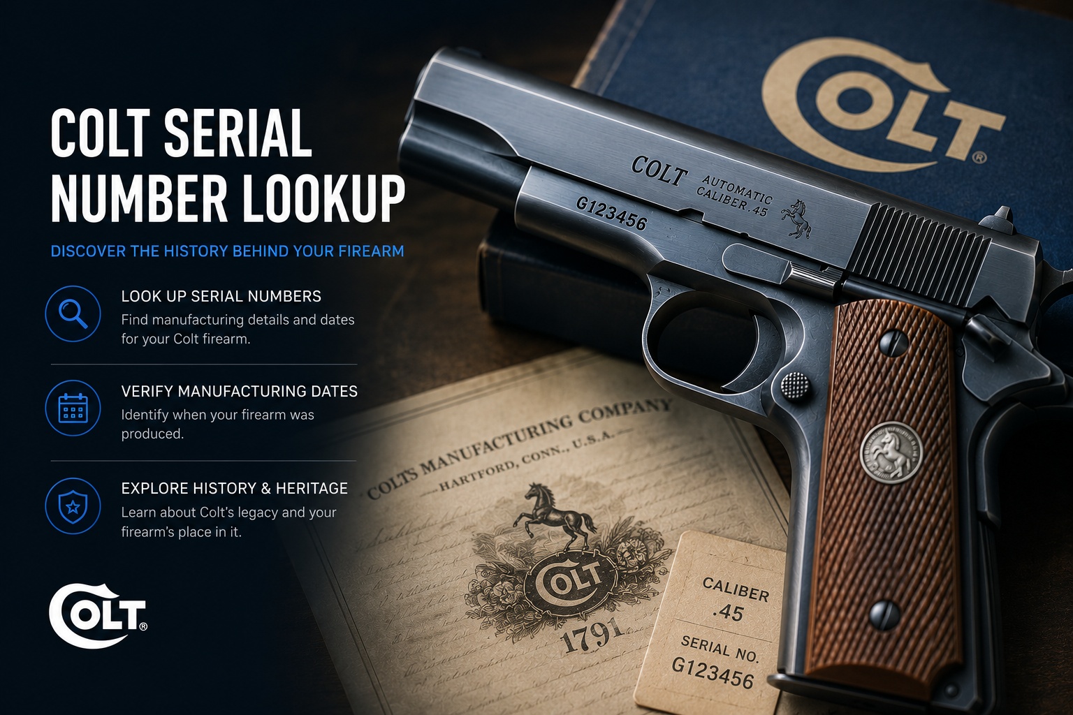 Colt serial number lookup reference image with pistol, factory document, and serial tag