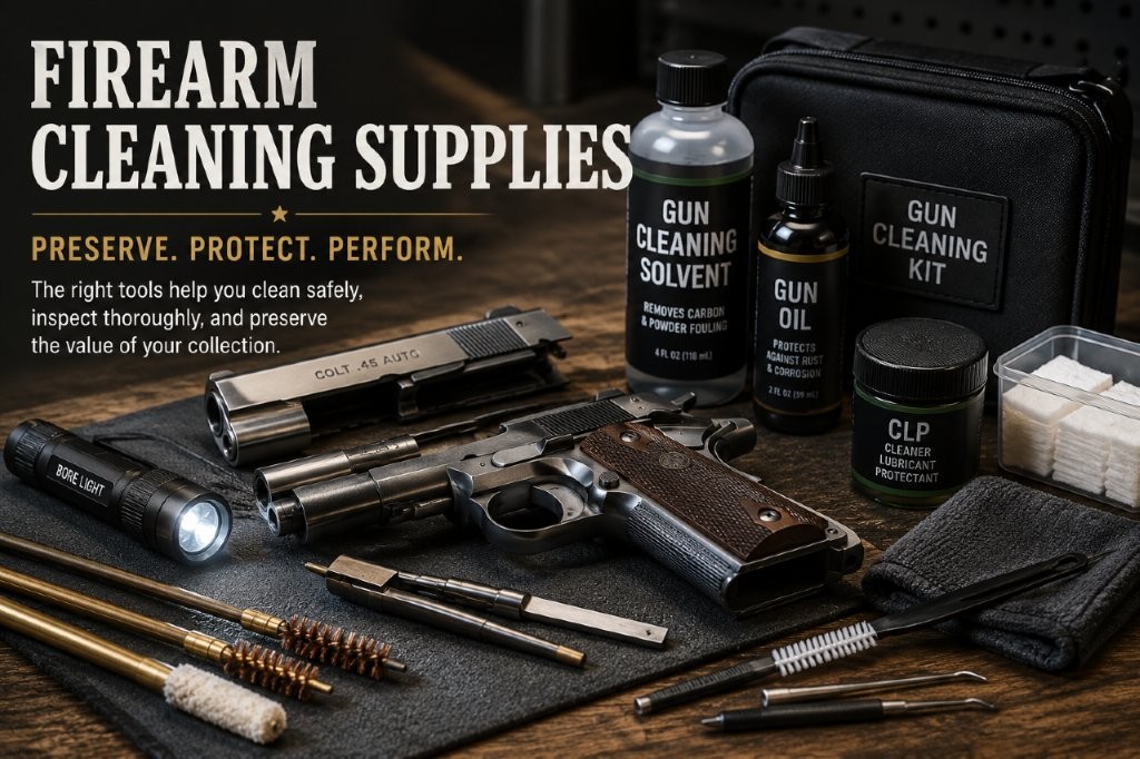 Firearm cleaning supplies for collectors arranged on a workbench