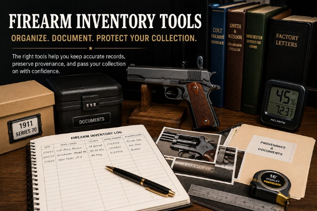 Firearm inventory tools with logbook, records, and collection documentation