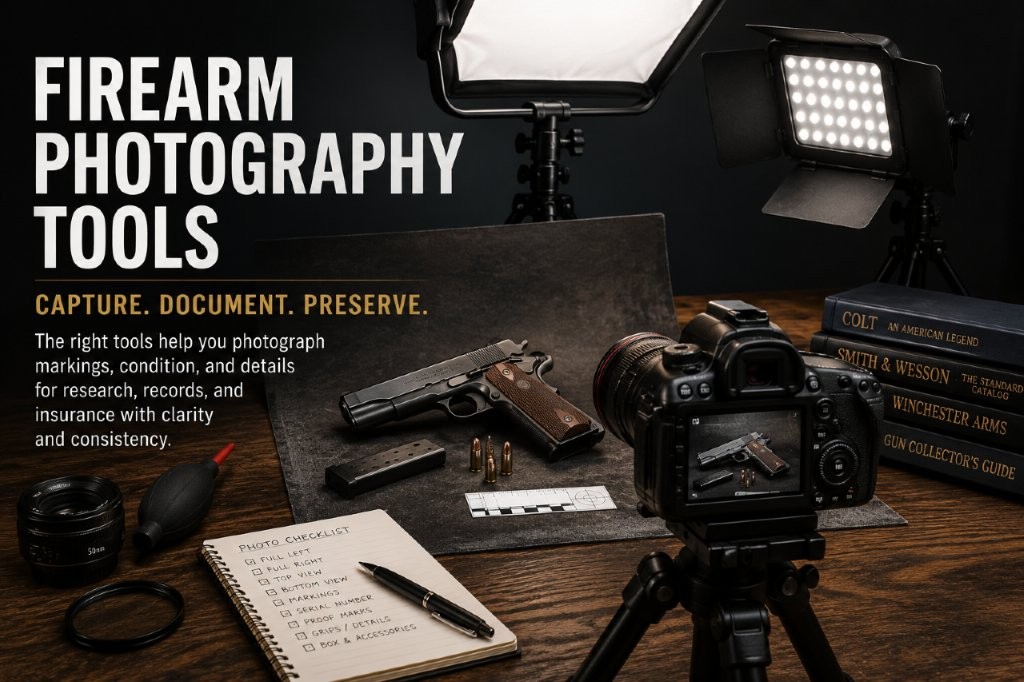 Firearm photography tools with camera, lighting, and documentation setup