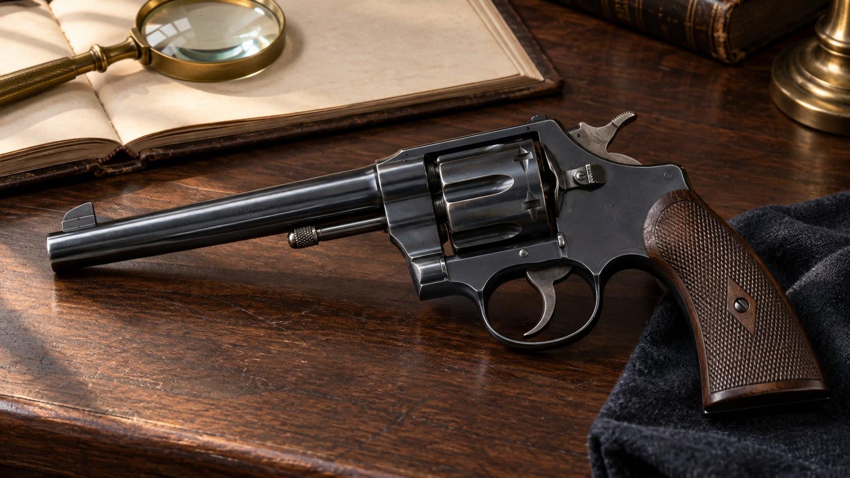 Large-frame Colt New Service revolver arranged on a modern collector research desk
