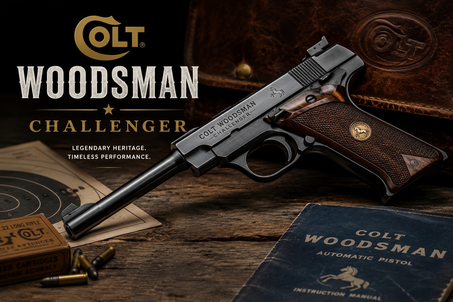 Colt Woodsman Challenger collector hero image with vintage Colt materials and rimfire target details