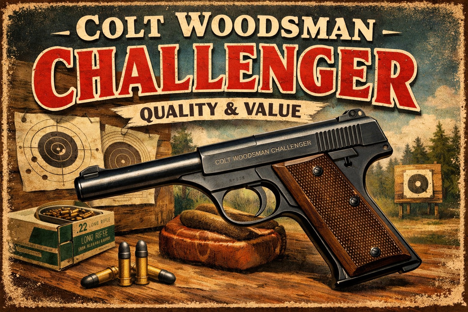 Vintage-style Colt Woodsman Challenger in-article image with target and rimfire ammunition details