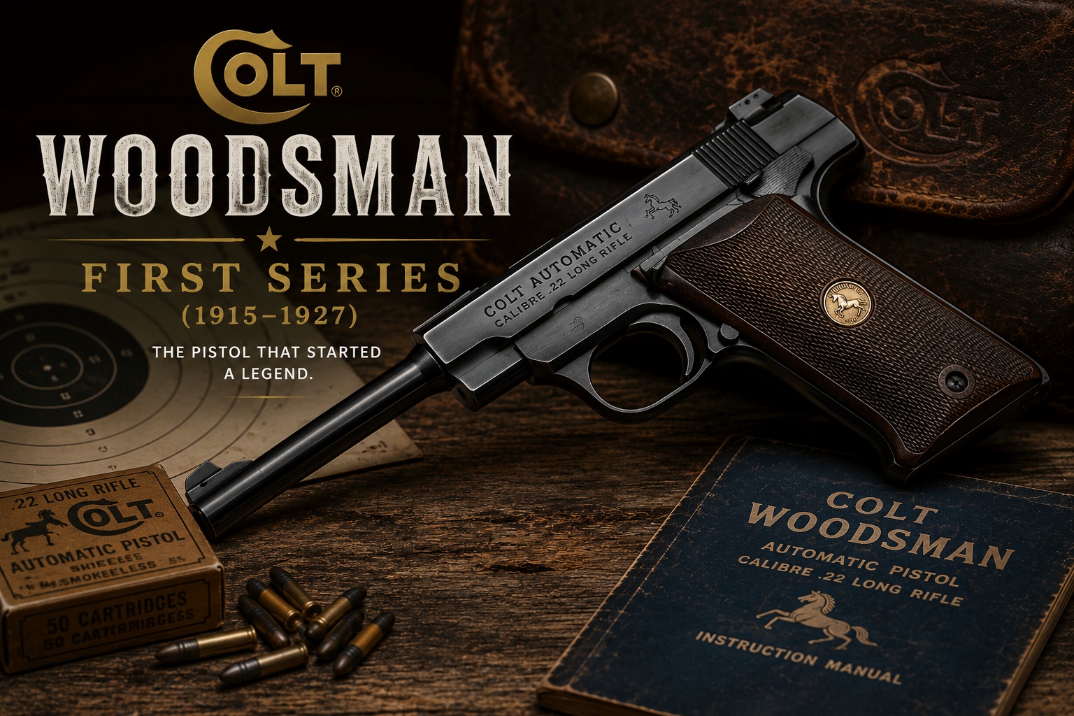 Colt Woodsman First Series pistol with period box, targets, and instruction manual