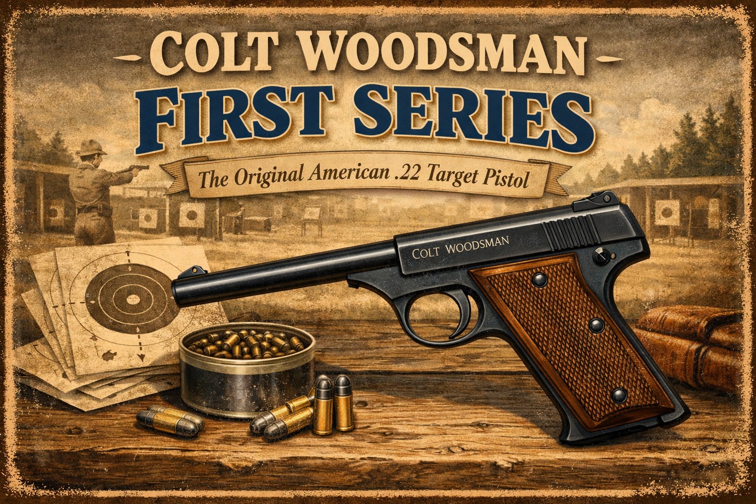Vintage style Colt Woodsman First Series in-article illustration with target range background