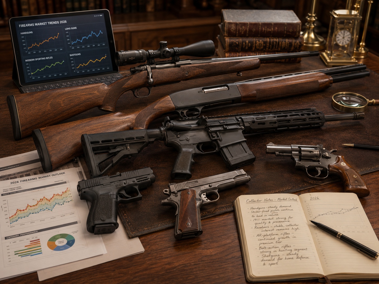 Handguns, rifles and shotguns arranged as a collector market research flat lay