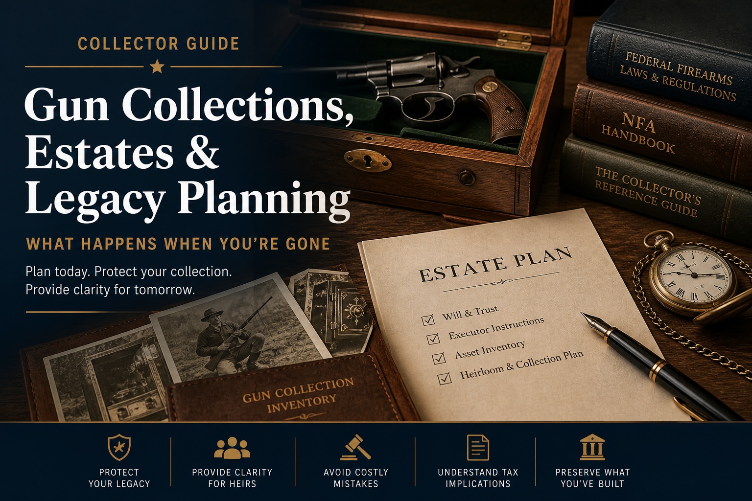 Estate planning documents beside a firearm collection inventory, reference books, and storage gear