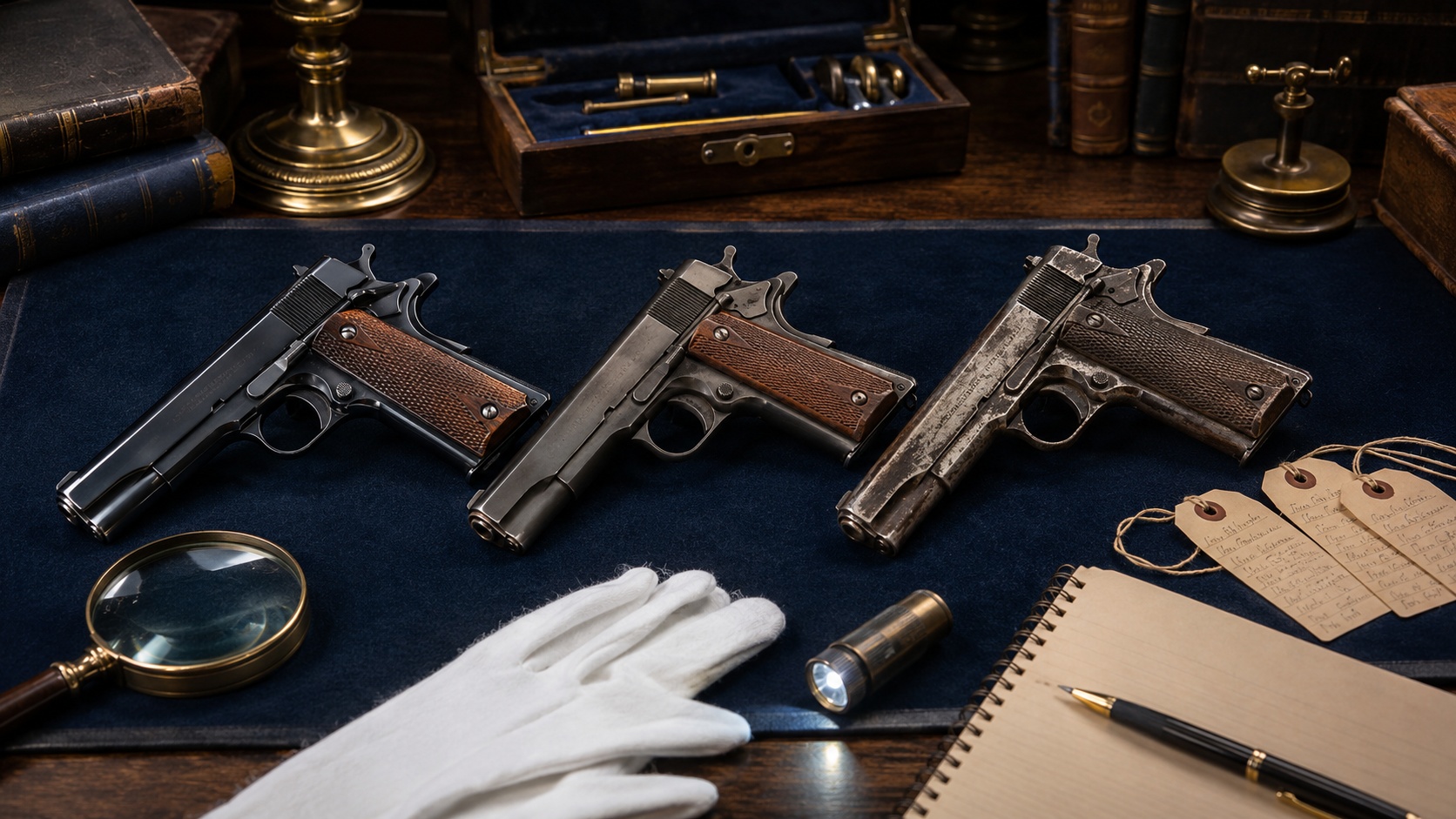 Close inspection of a collectible handgun with notes about finish grips serial numbers and original accessories