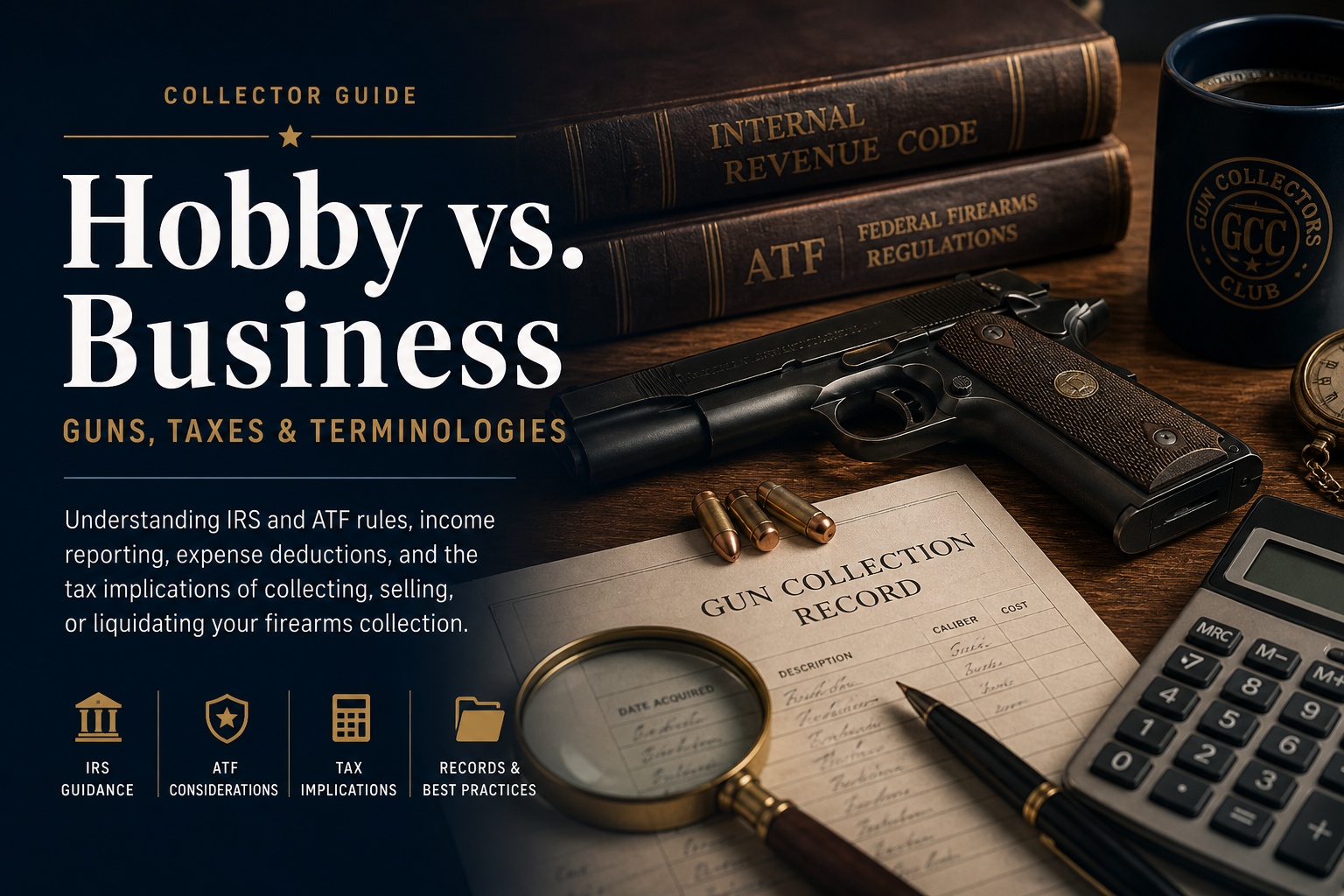 Business or hobby illustration for gun collecting and taxes