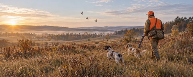 Upland bird hunter with two sporting dogs crossing an autumn field at sunrise