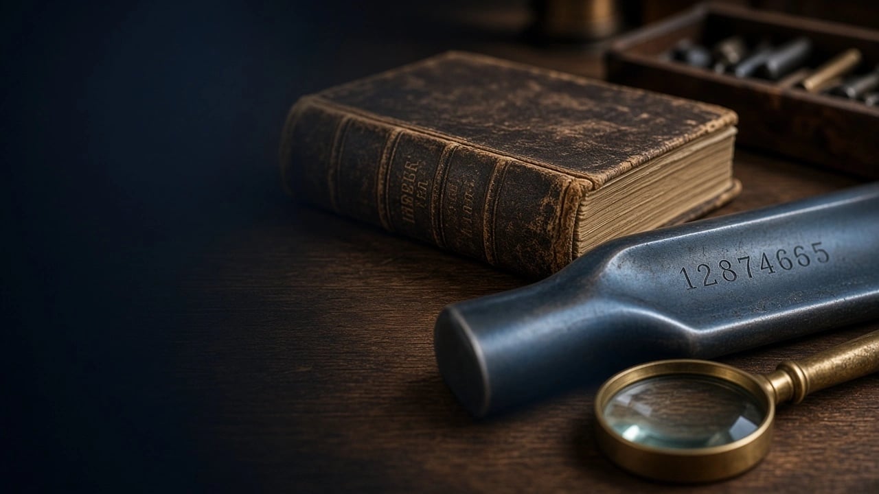Serial-number research illustration with a magnifying glass, reference book and shotgun receiver