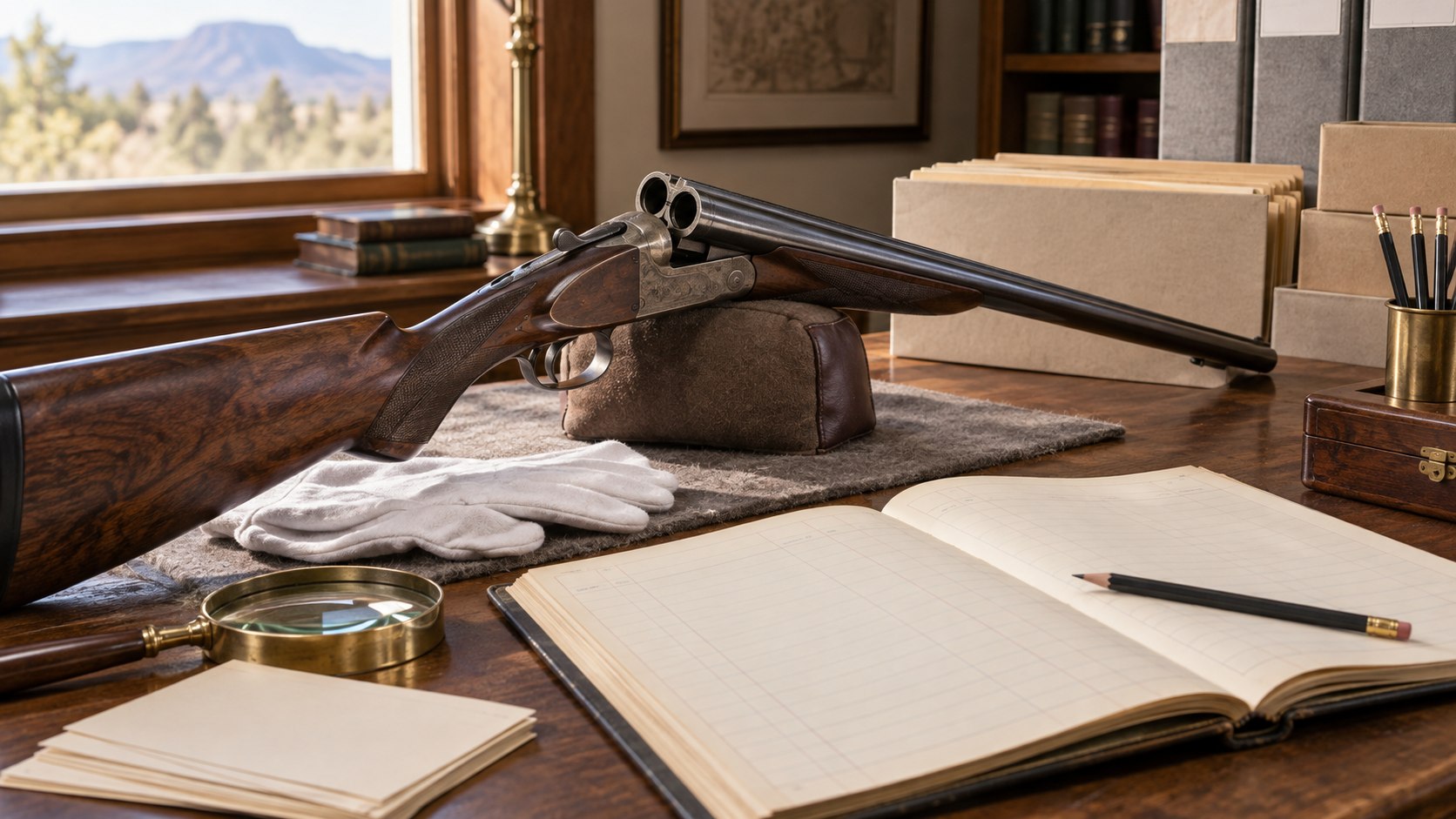 Open and visibly unloaded side-by-side shotgun beside blank ledger pages and research tools on a modern collector desk