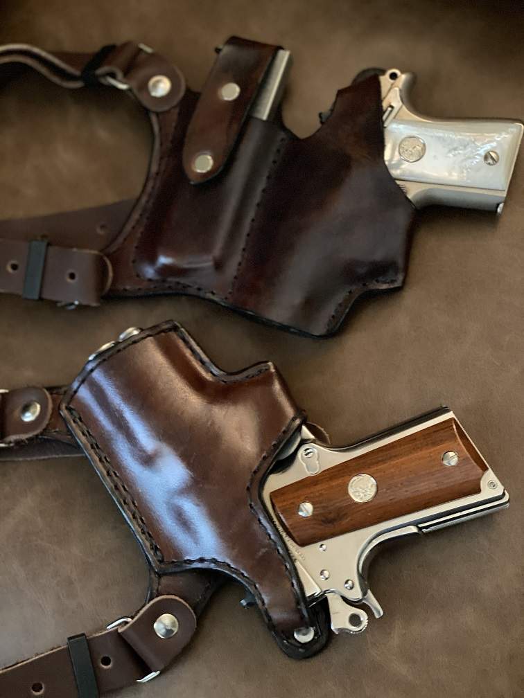 Colt Officer's Model and Colt Mustang with extra Officer Magazine in a Bob Mernickles Custom Holster