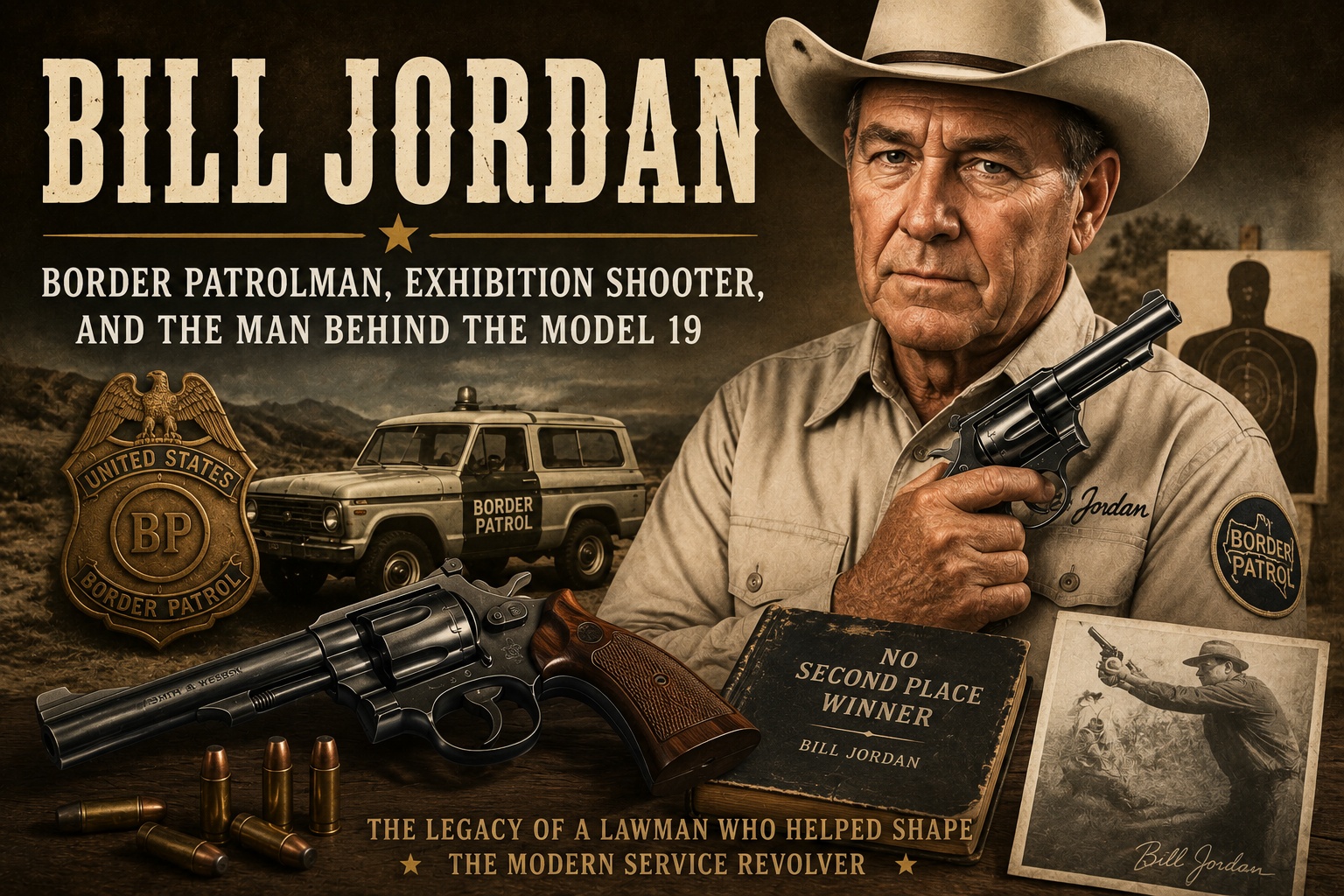 Bill Jordan themed portrait with Border Patrol, Model 19 revolver, badge, and No Second Place Winner references