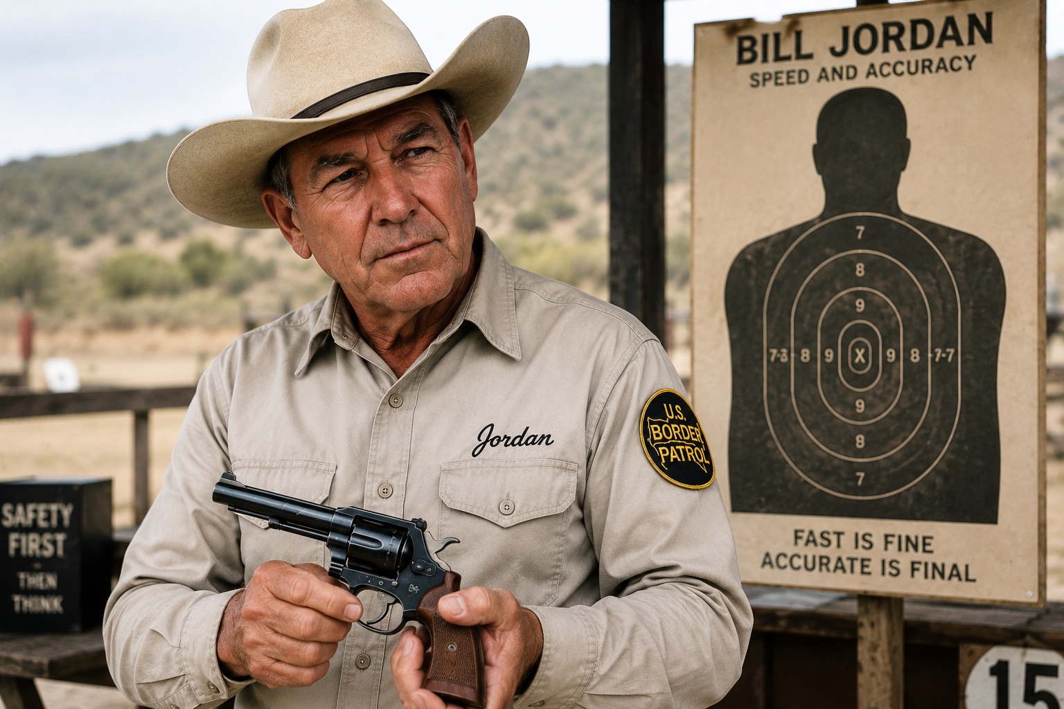 Bill Jordan styled range scene with Border Patrol shirt, revolver, and silhouette target