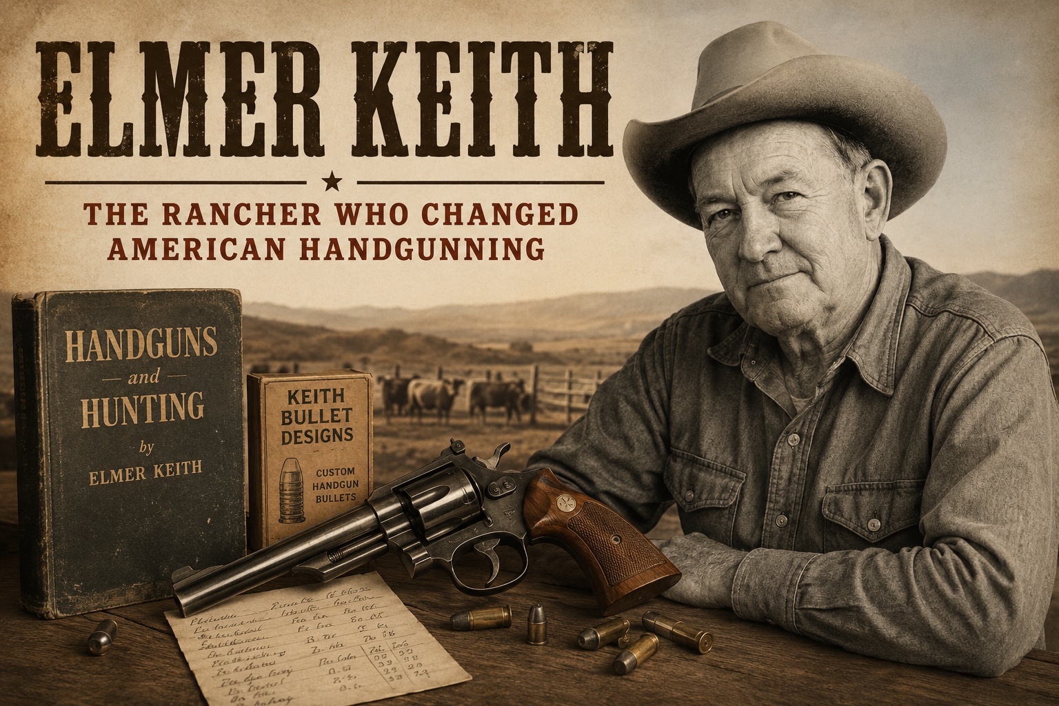 Elmer Keith themed ranch table with revolver, handgunning books, and .44 Magnum bullet references
