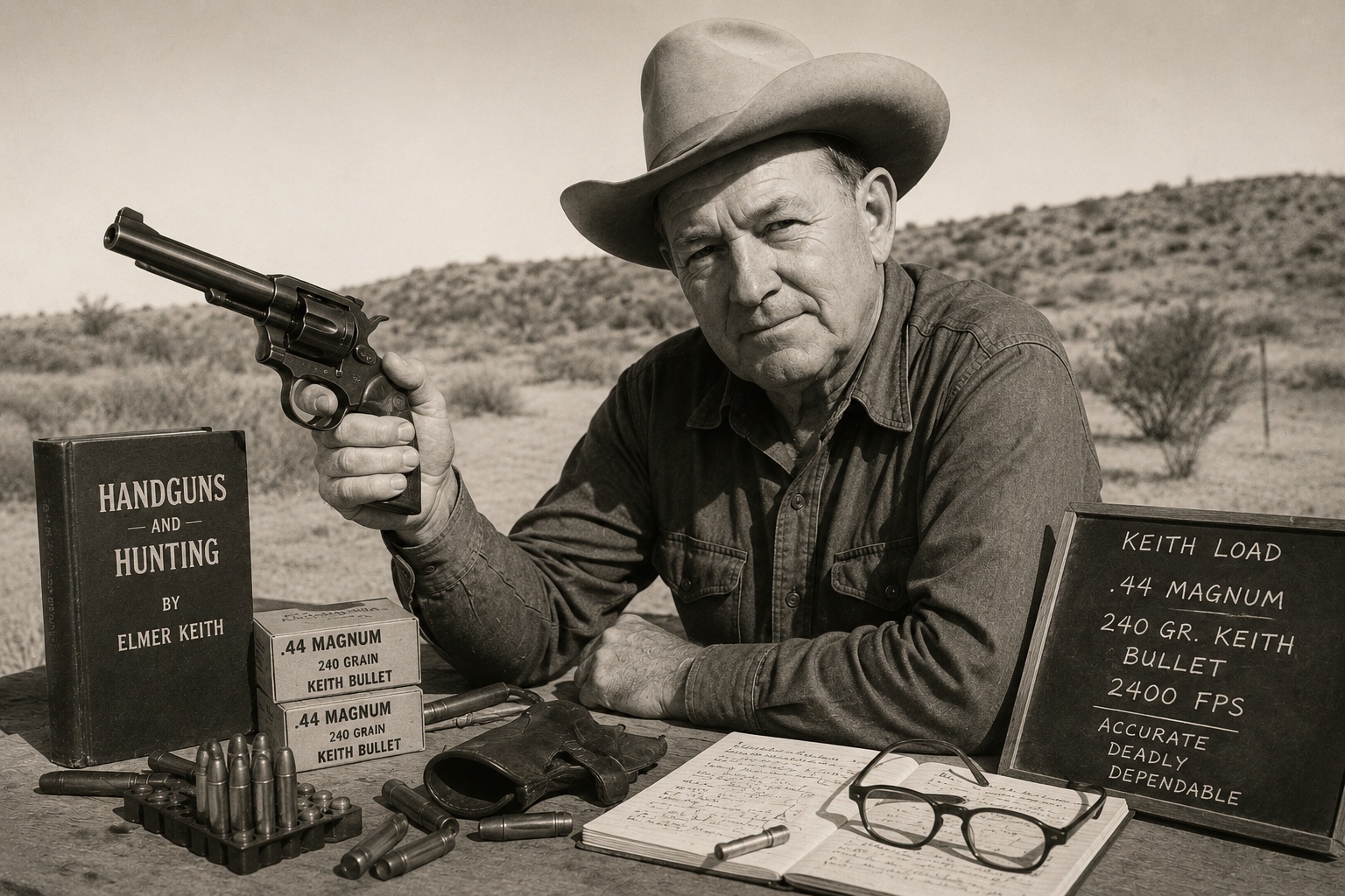 Elmer Keith styled ranch-table scene with revolver, books, notes, and .44 Magnum handloading references