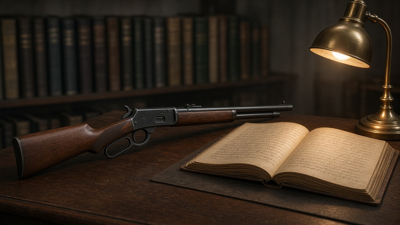 Editorial illustration of a lever-action rifle beside an open ledger under a brass desk lamp