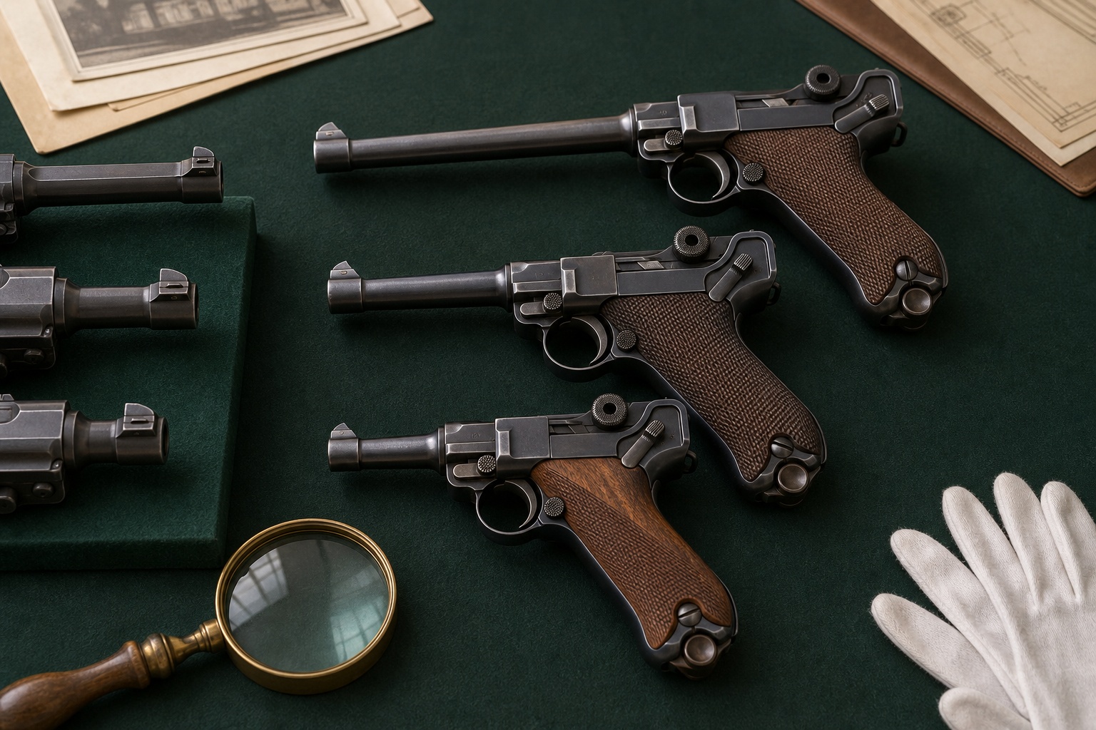 Comparison of historical Luger configurations showing different barrel lengths, sights, grips, and finishes