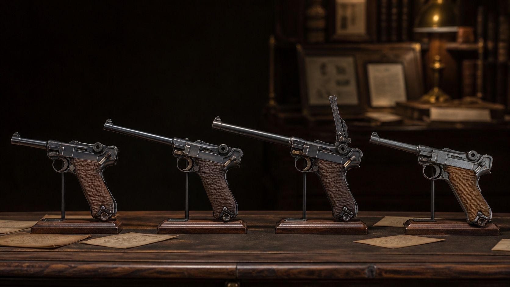 Four historical Luger configurations displayed side by side for identification