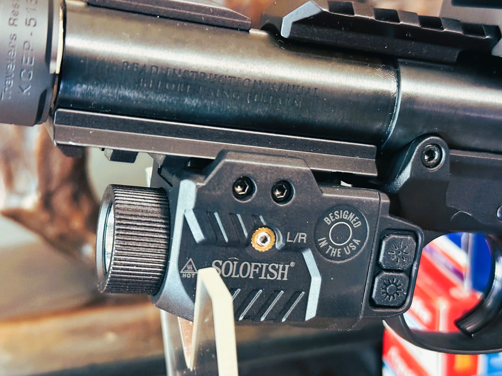 Close view of Solofish pistol light laser mounting area