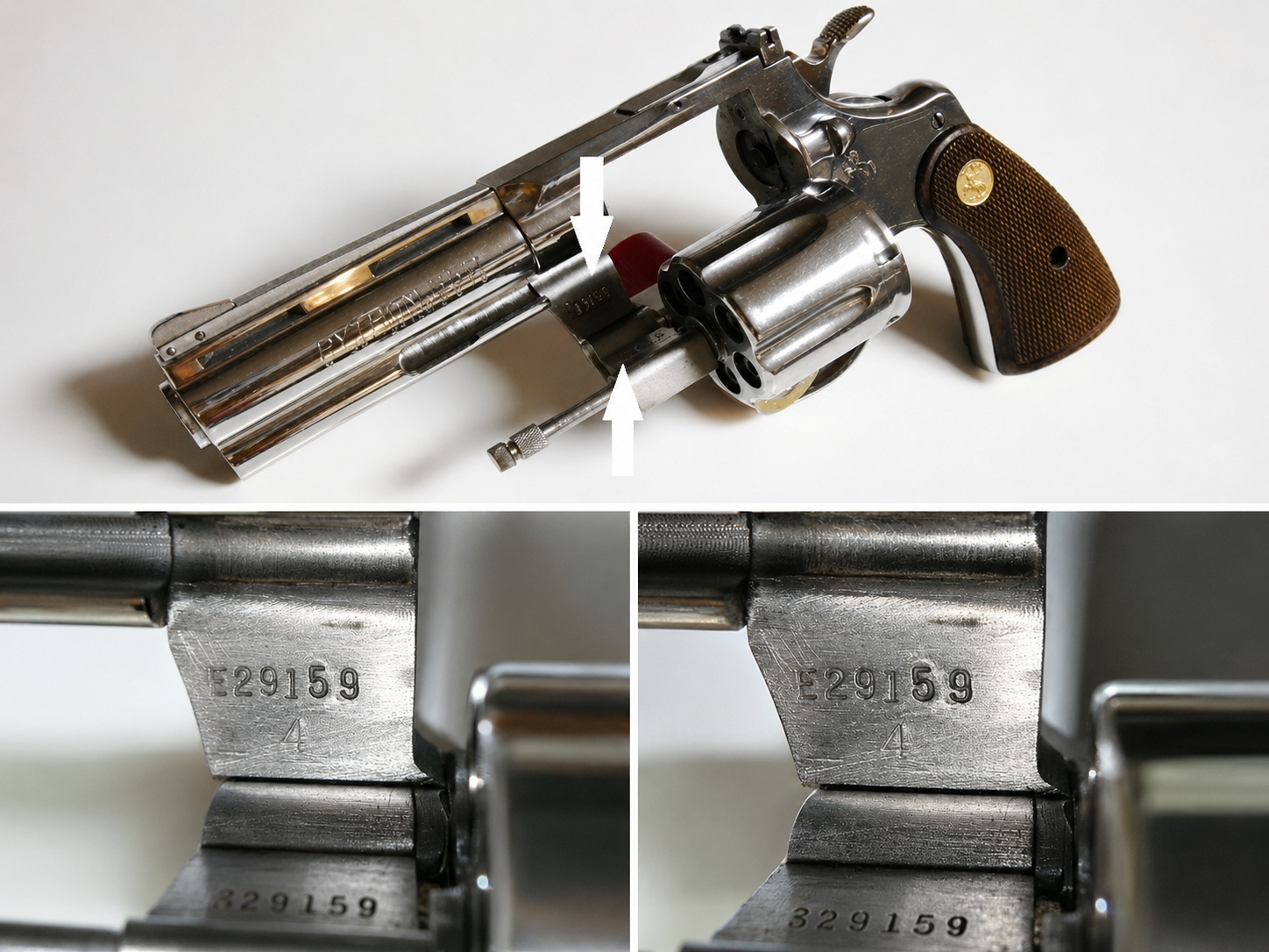 1971 Colt Python E-prefix serial number E29159 shown on the frame and crane