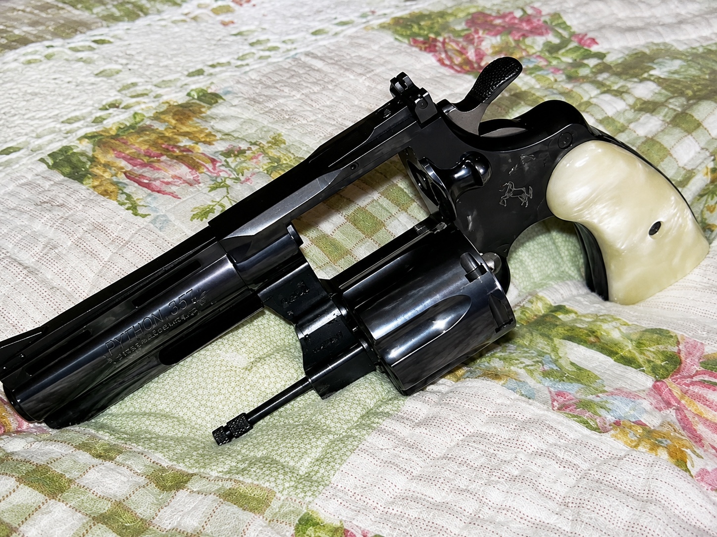 Royal Blue Colt Python with cylinder open to show the serial-number area