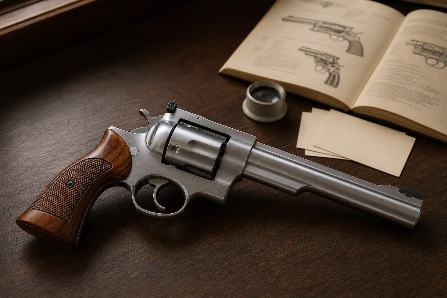 Stainless Ruger Redhawk revolver on a walnut collector's desk with reference materials
