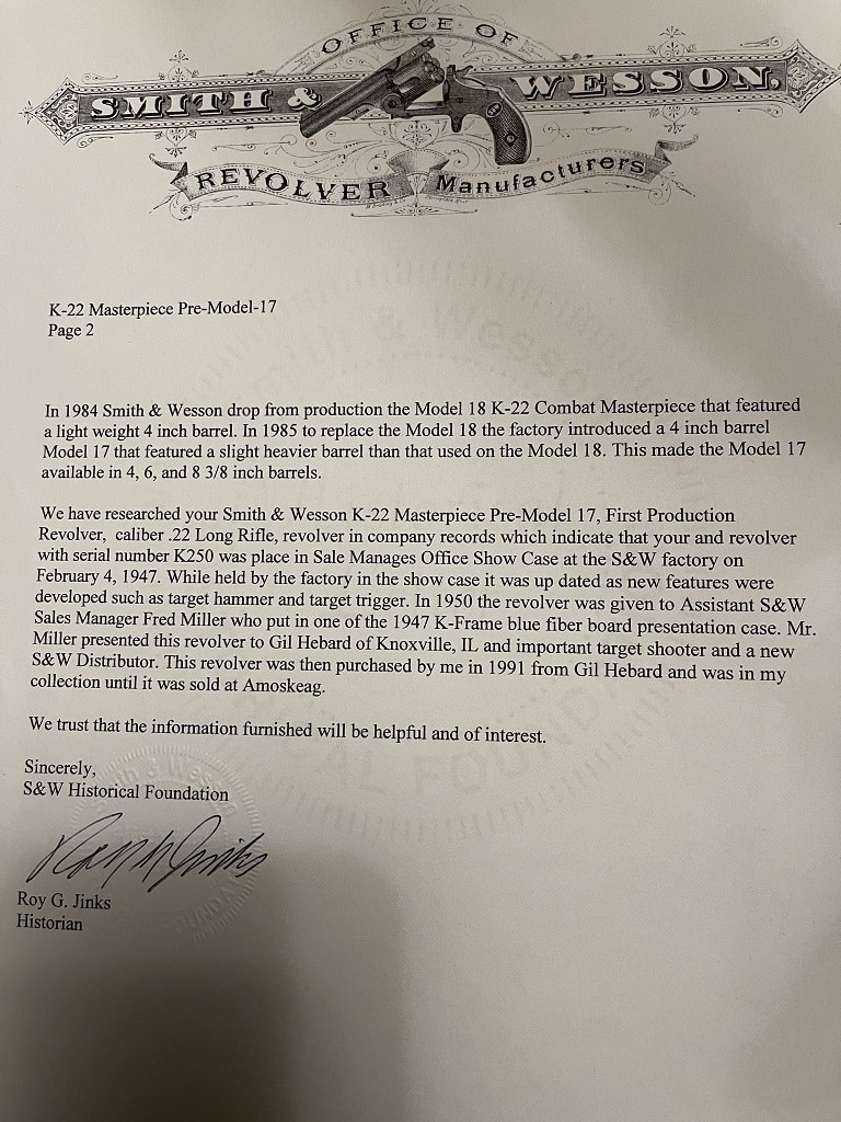 Smith & Wesson Historical Foundation letter referencing Gil Hebard