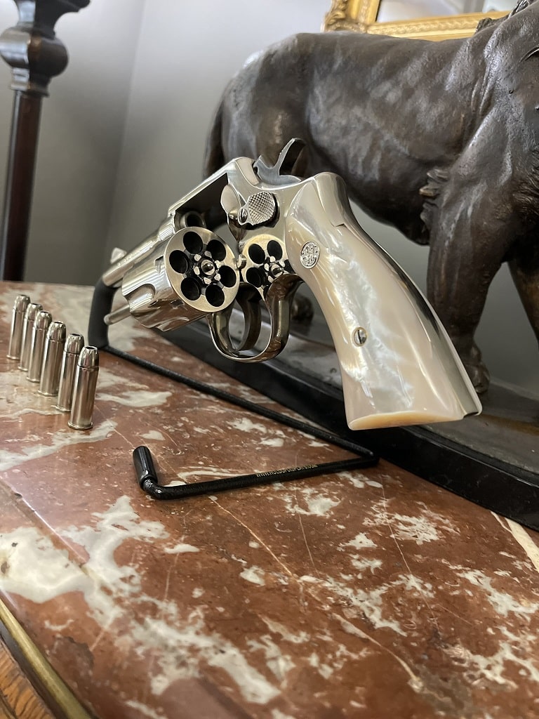 Open cylinder view of a Smith & Wesson Model 10 revolver