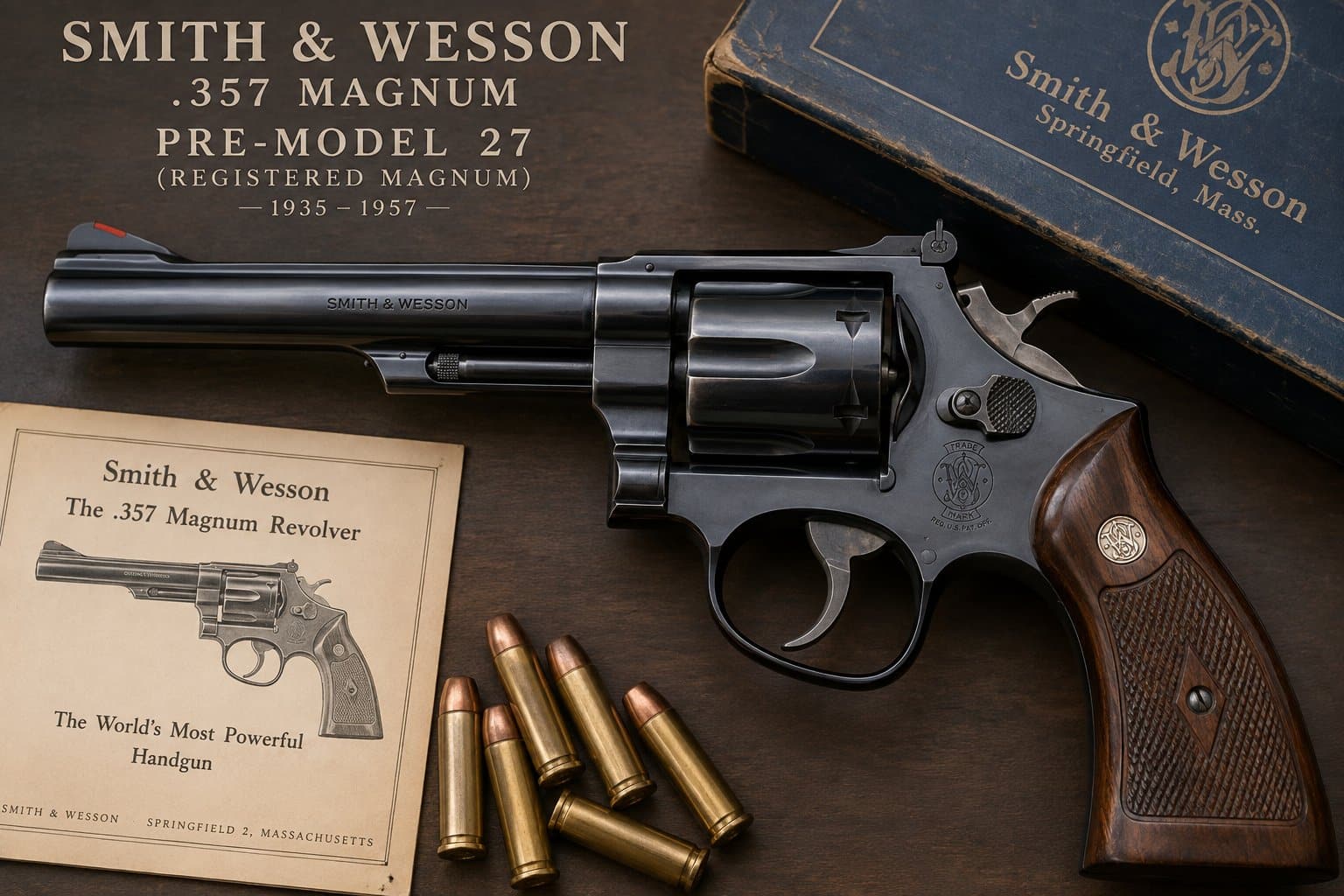 Blued Smith & Wesson .357 Magnum N-frame revolver with checkered walnut target stocks, staged with a period blue S&W box, an early .357 Magnum pamphlet, and loose .357 Magnum cartridges on a dark wood surface