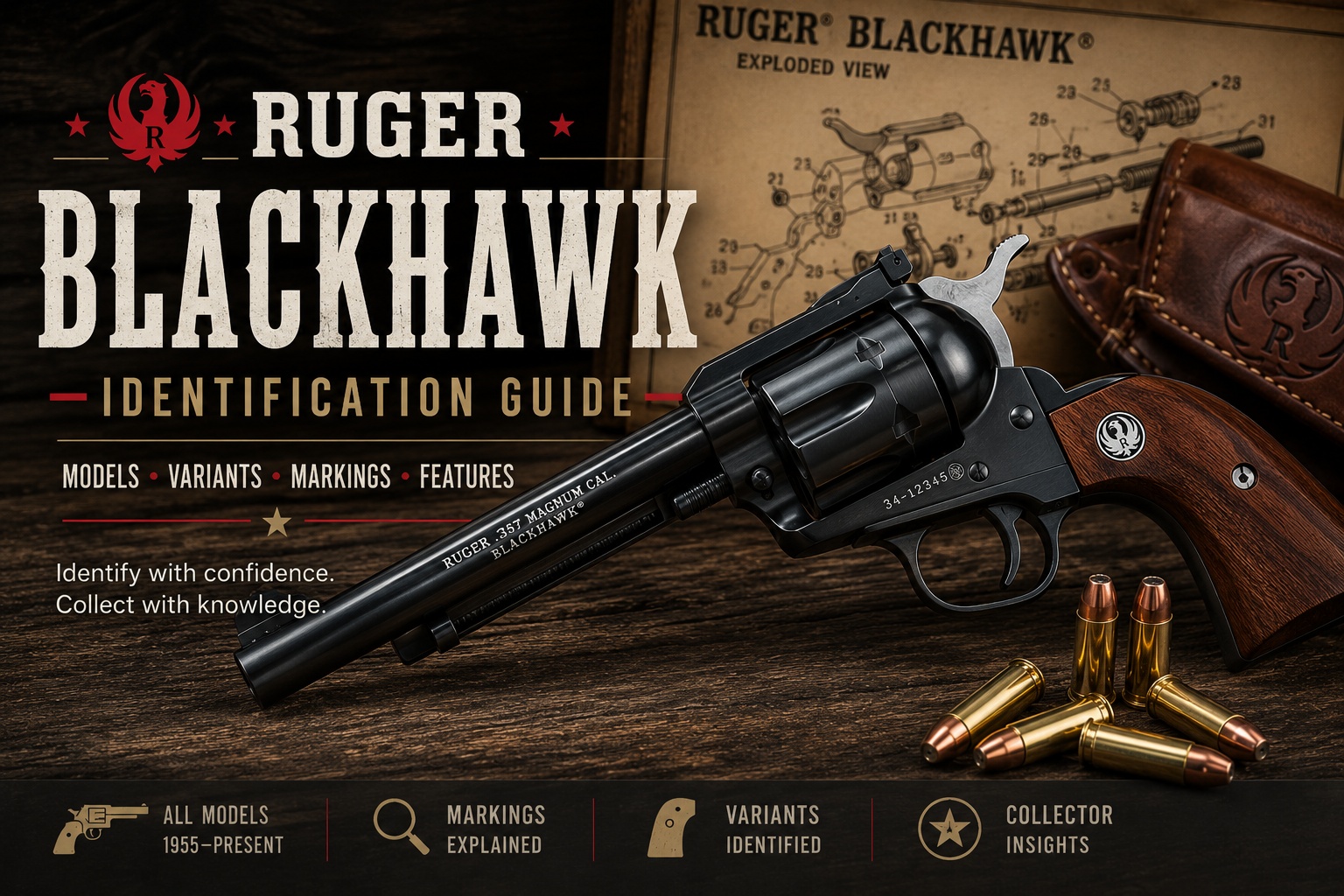 Ruger Blackhawk identification guide hero showing a Blackhawk revolver with markings, variants, and collector reference cues