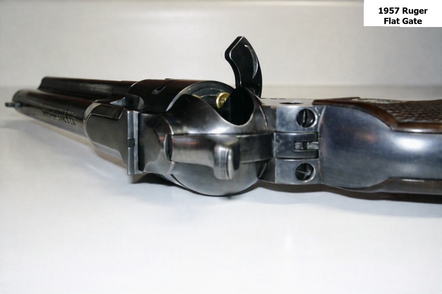 Close right-side profile of Greg Cook's 1957 Ruger Flat Gate Single-Six showing serial number 15872