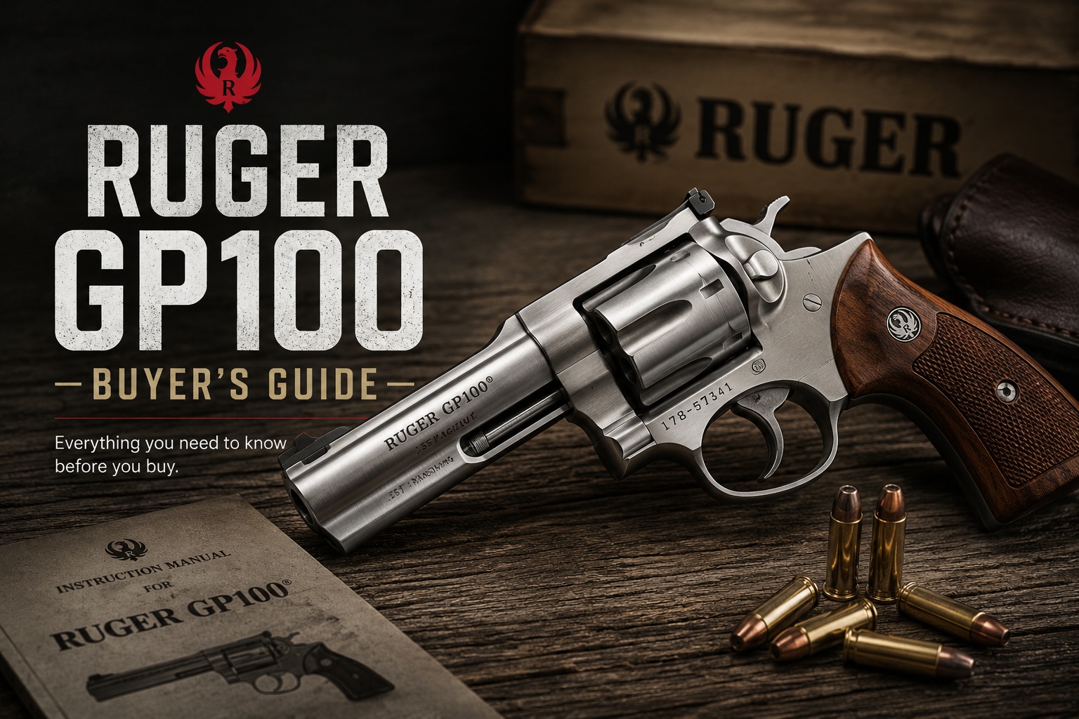 Ruger GP100 buyer's guide hero image showing a stainless GP100 revolver with Ruger collector reference styling