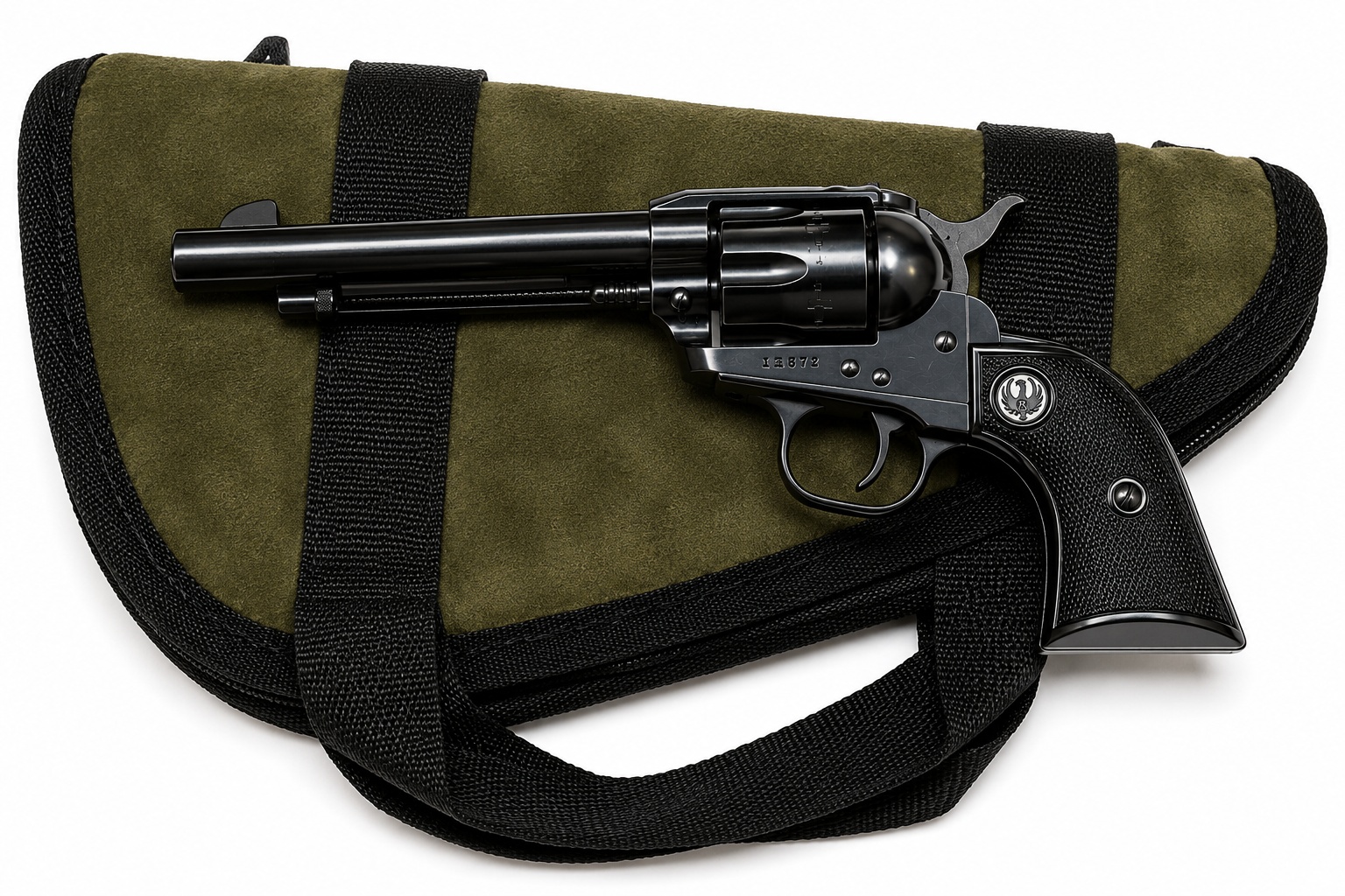 Left-side view of a 1957 Ruger Flat Gate Single-Six displayed on a green soft case