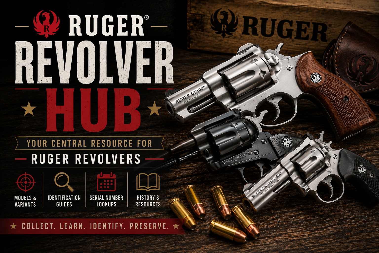 Ruger Revolver Hub hero image showing Security Six, GP100, and Blackhawk revolvers with collector lookup icons