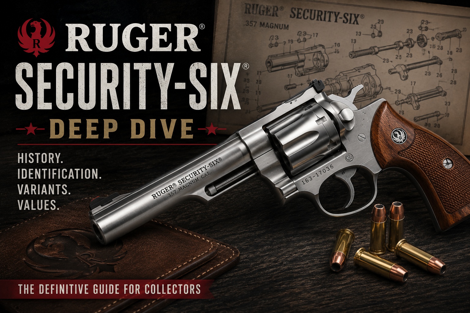 Ruger Security-Six Deep Dive hero image with stainless revolver, ammunition, and exploded-view reference drawing