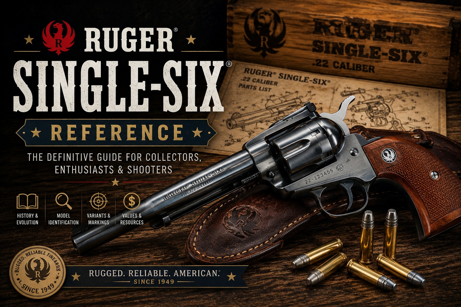 Ruger Single-Six reference hero image with revolver, ammunition, parts diagram, leather holster, and collector guide text