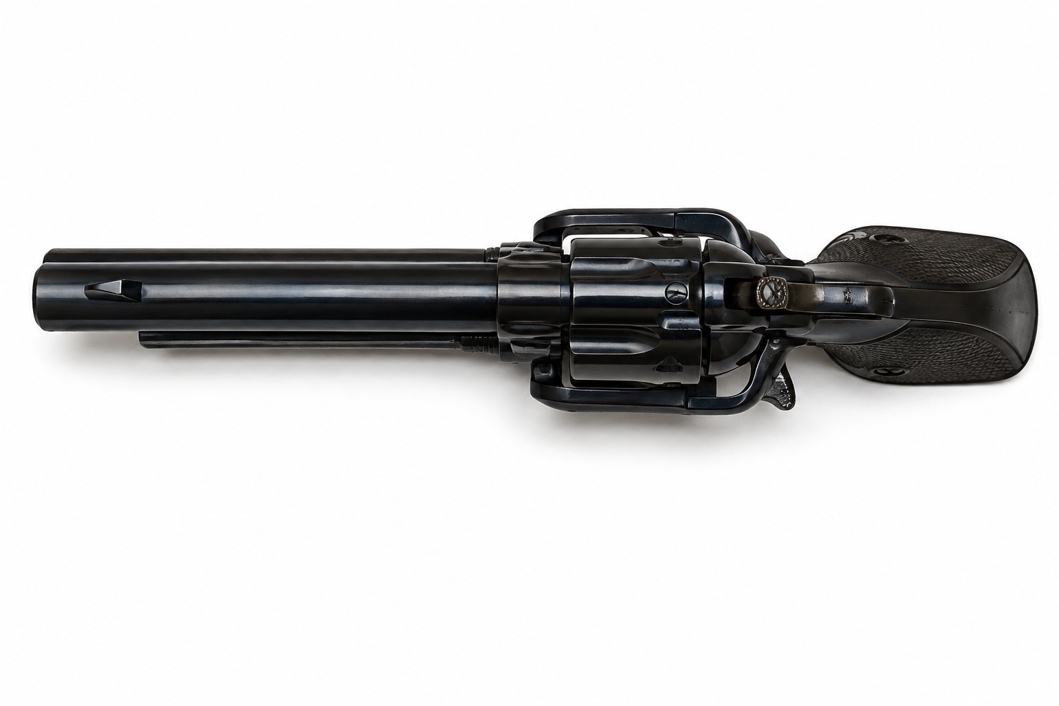 Top view of a 1957 Ruger Flat Gate Single-Six showing barrel, cylinder, frame, hammer, and grips