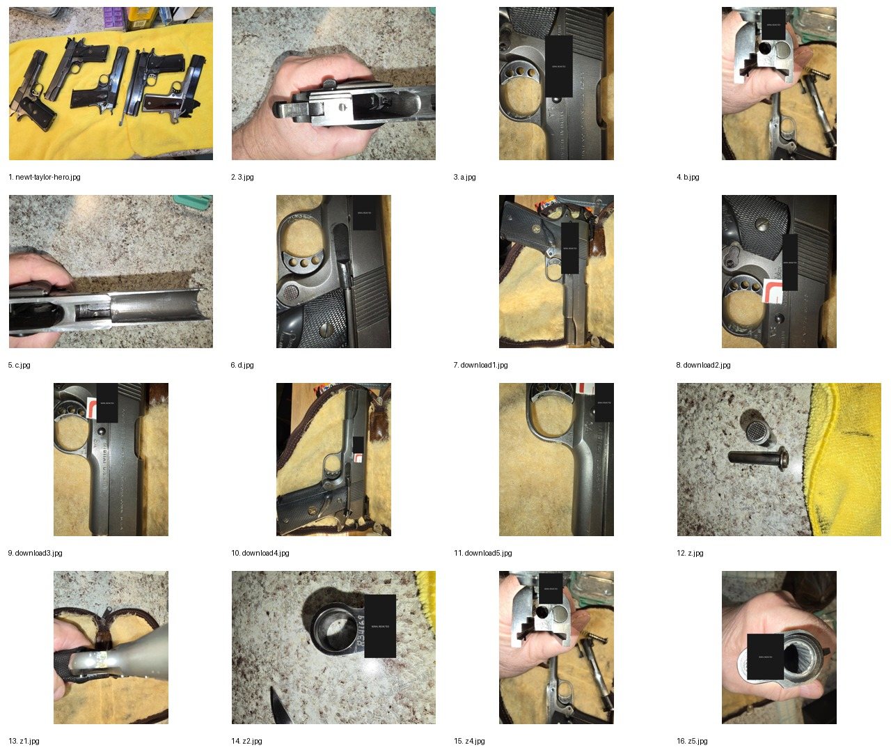 Contact sheet showing the supplied Taylor Colt photographic record with identifying numbers covered