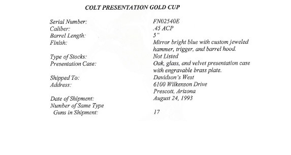 Excerpt from Colt Archive Letter on the Presentation Gold Cup Series 80